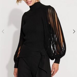 White House Black Market Fringe Sleeve Mockneck Pullover Sweater S NWT Black